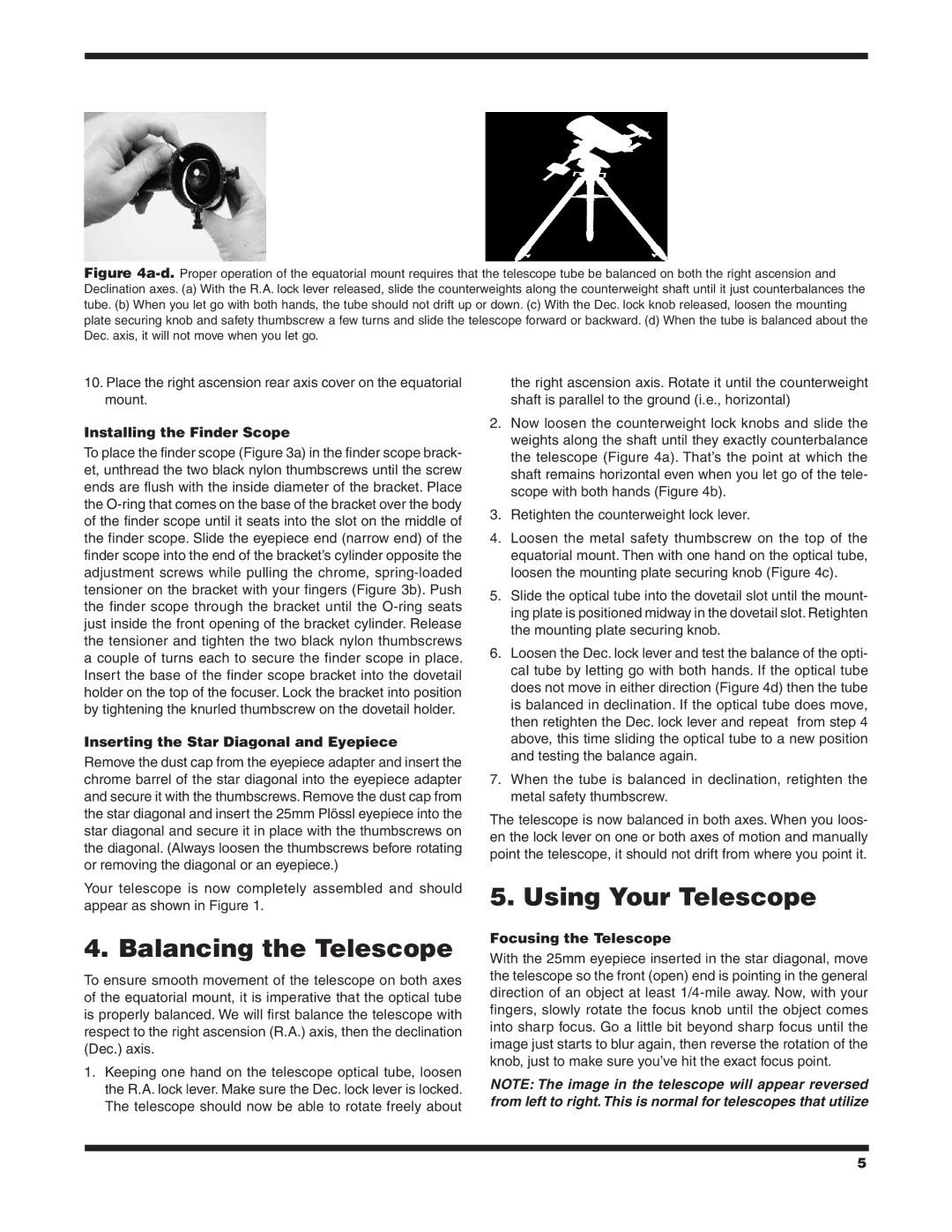 Orion 9968 Balancing the Telescope, Using Your Telescope, Installing the Finder Scope, Focusing the Telescope 