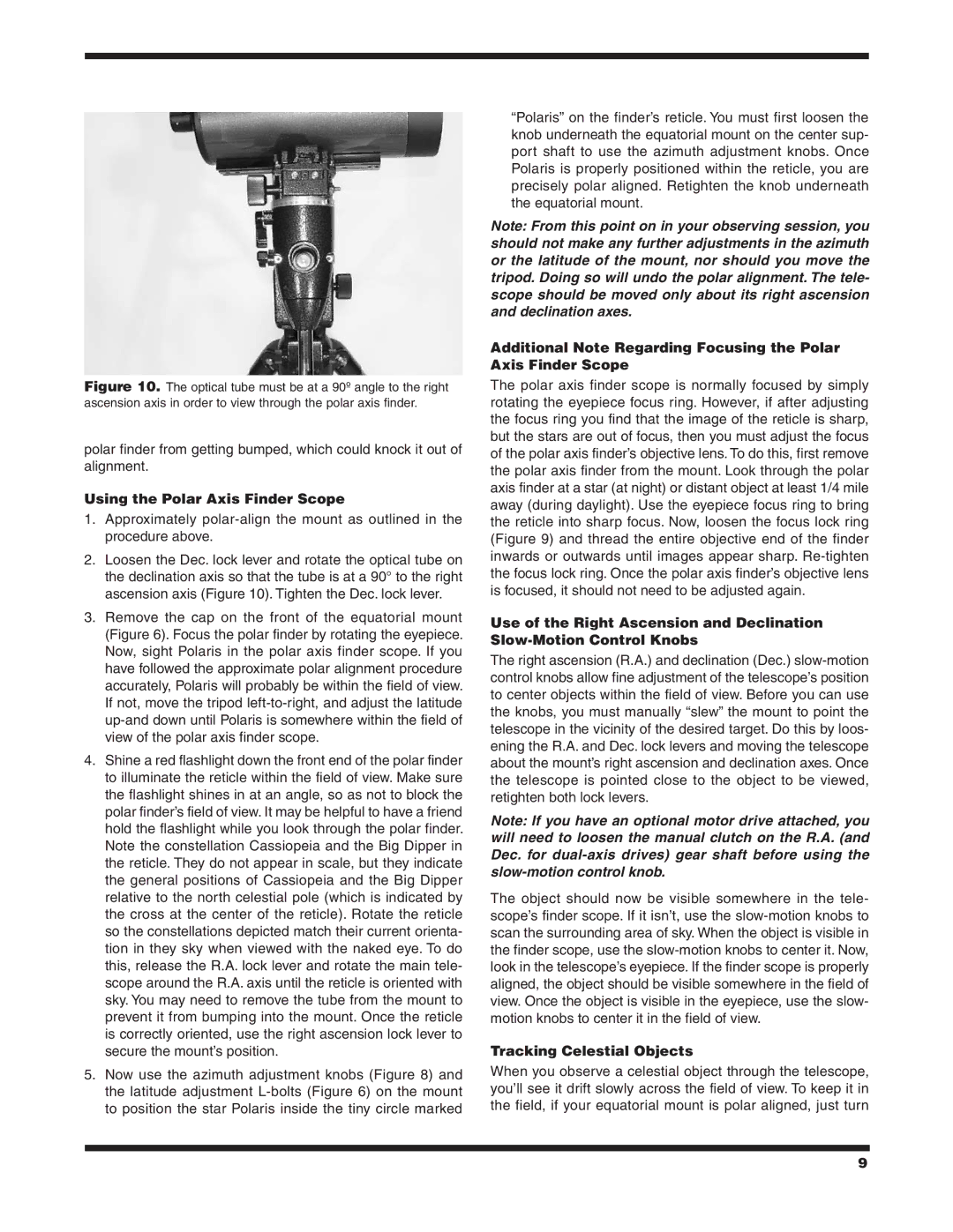 Orion 9968 instruction manual Using the Polar Axis Finder Scope, Tracking Celestial Objects 