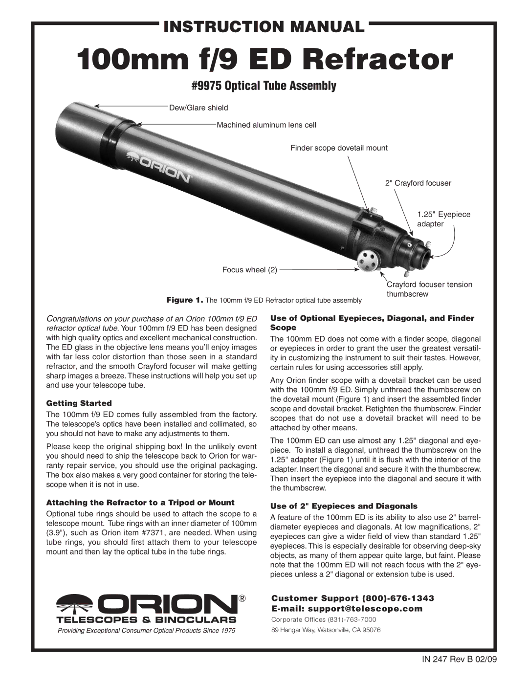 Orion 9975 instruction manual Customer Support 800‑676-1343, Mail support@telescope.com 