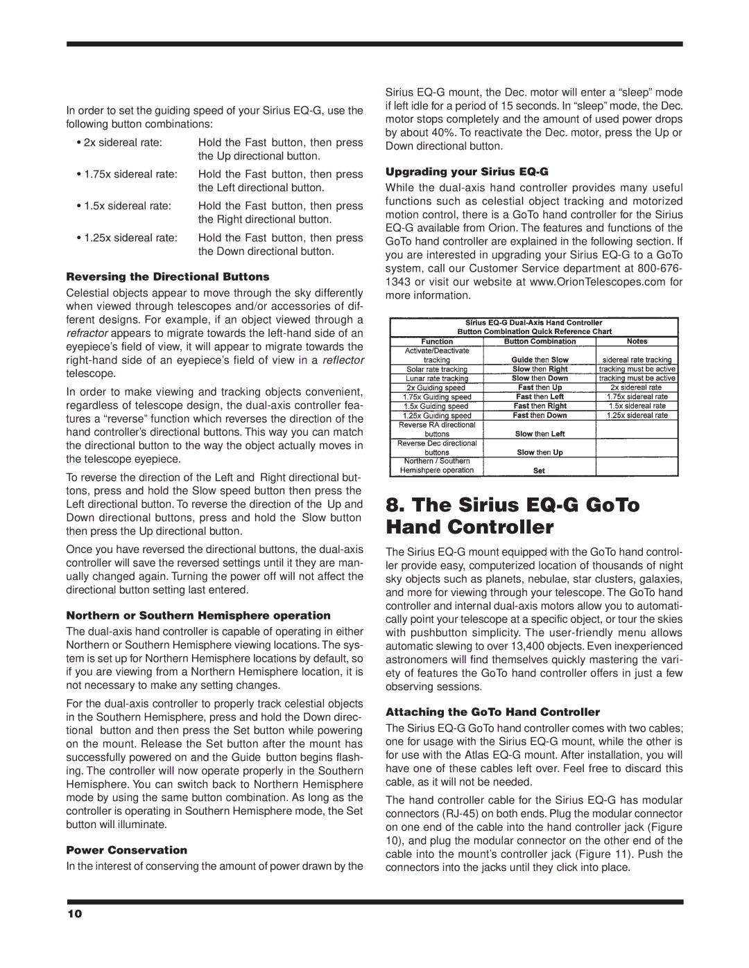 Orion 9995 instruction manual Sirius EQ-G GoTo Hand Controller 