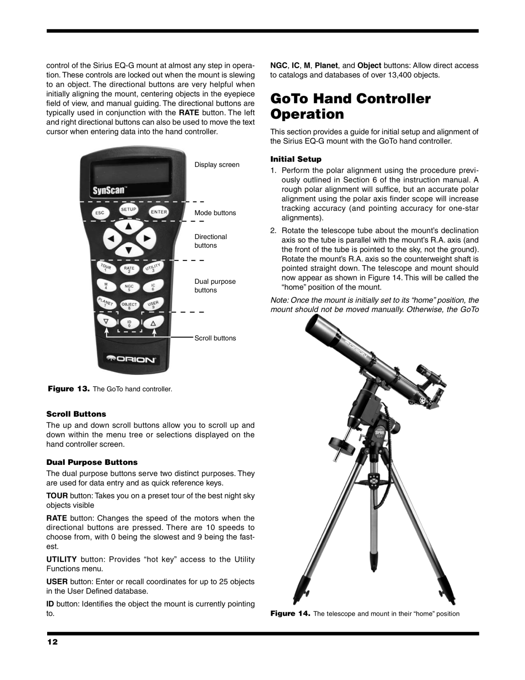 Orion 9995 instruction manual GoTo Hand Controller Operation, Scroll Buttons, Dual Purpose Buttons, Initial Setup 