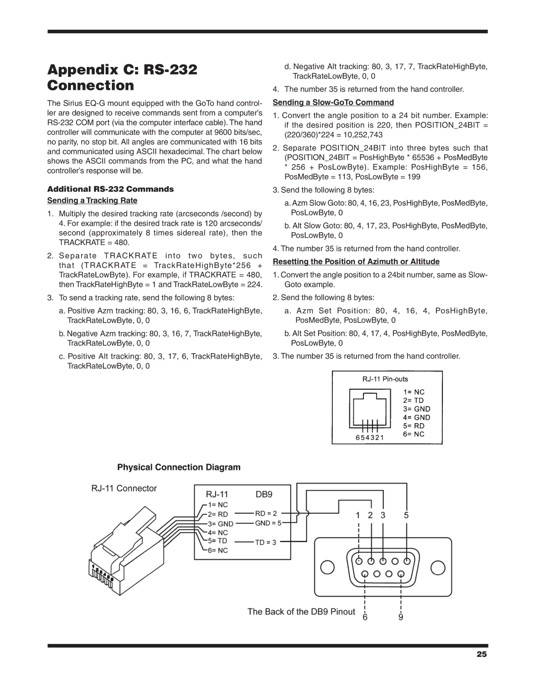 Orion 9995 Appendix C RS-232 Connection, Additional RS-232 Commands Sending a Tracking Rate, Sending a Slow-GoTo Command 