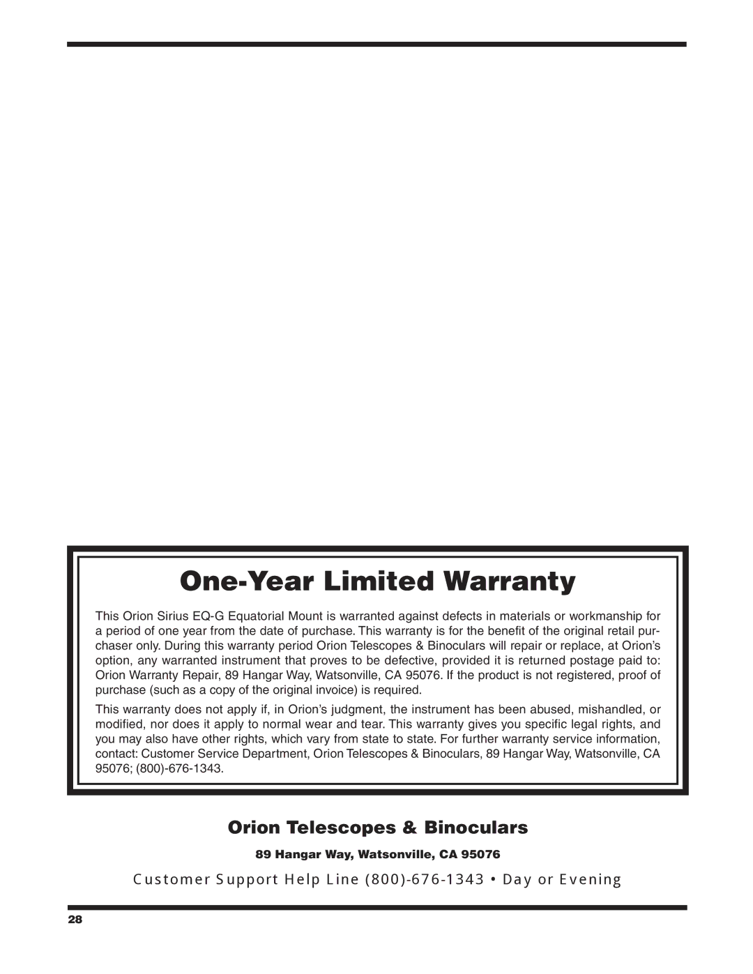 Orion 9995 instruction manual One-Year Limited Warranty 