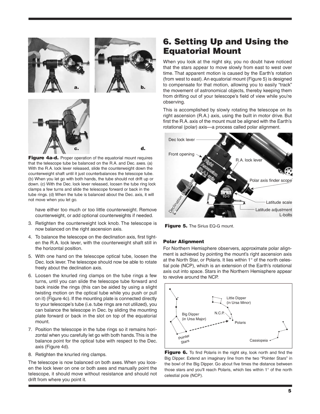 Orion 9995 instruction manual Setting Up and Using the Equatorial Mount, Polar Alignment 