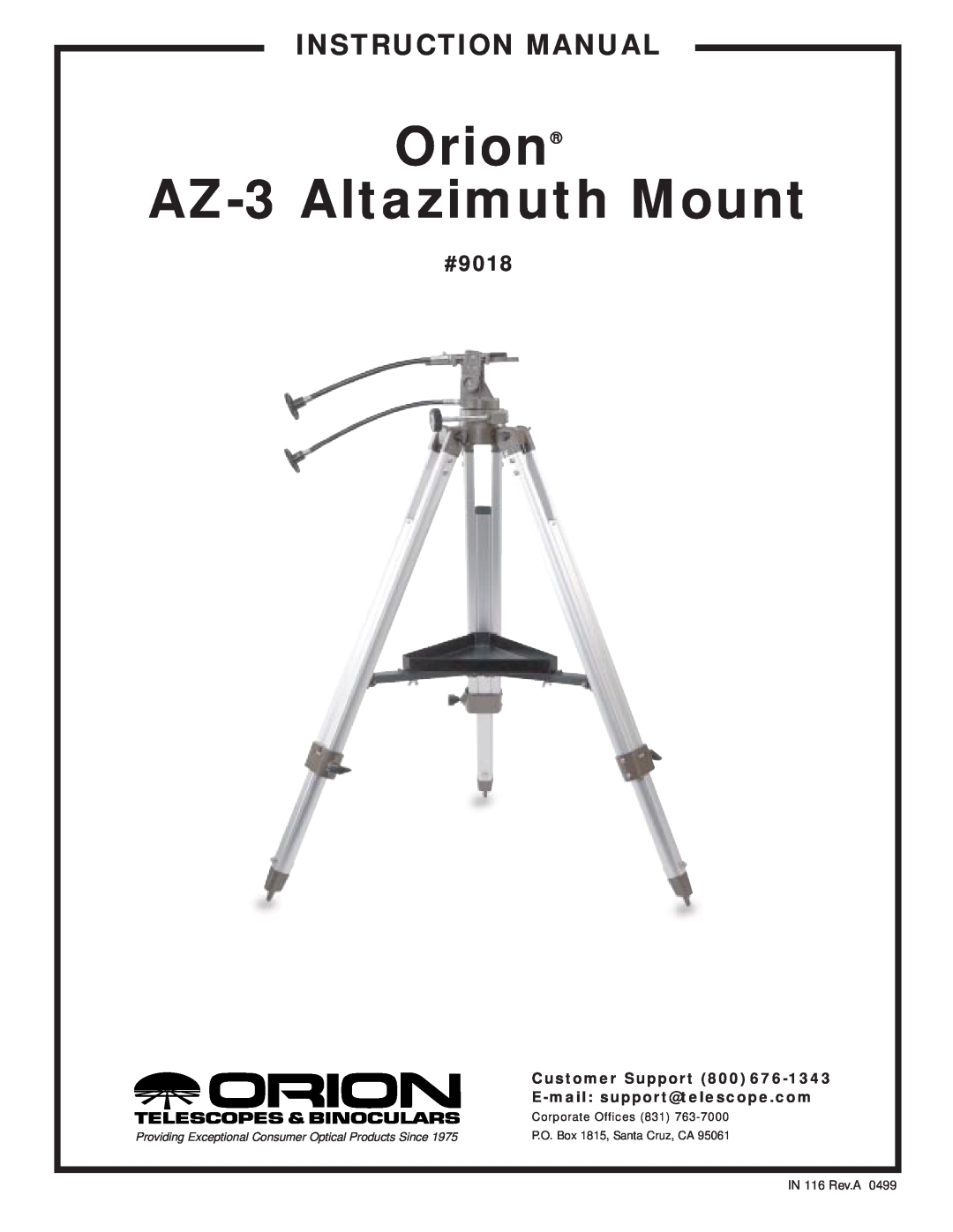 Orion instruction manual Customer Support, E-mail support@telescope.com, Orion, AZ-3 Altazimuth Mount, #9018 