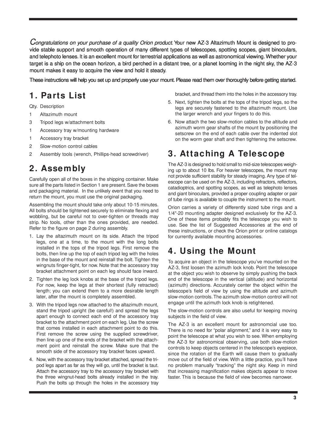 Orion AZ-3 instruction manual Parts List, Assembly, Attaching A Telescope, Using the Mount 