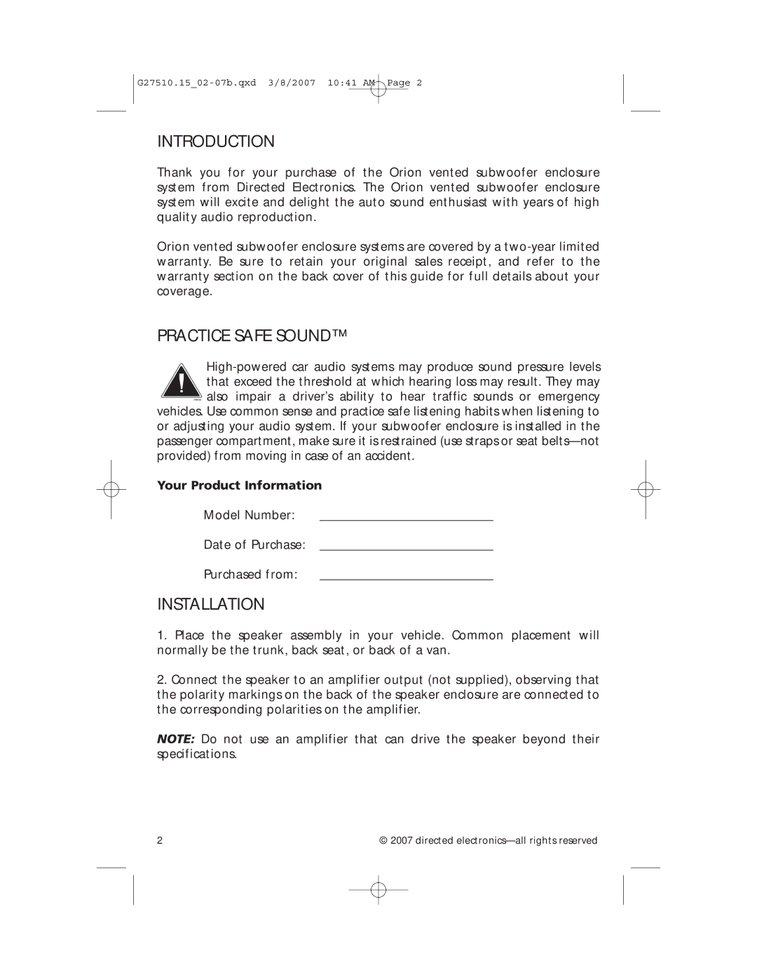 Orion BP-HP10D2, BP-HP12D2 manual Introduction, Practice Safe Sound, Installation 