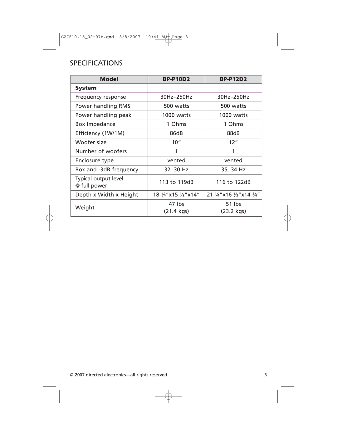 Orion BP-HP12D2, BP-HP10D2 manual Specifications, Model BP-P10D2 BP-P12D2 System 