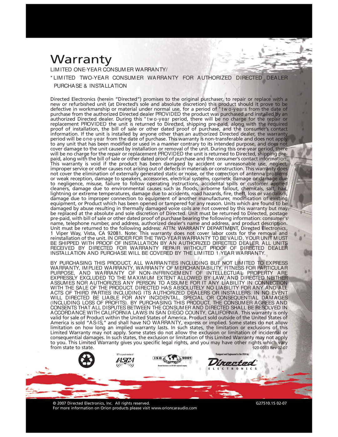 Orion BP-HP10D2, BP-HP12D2 manual Warranty 