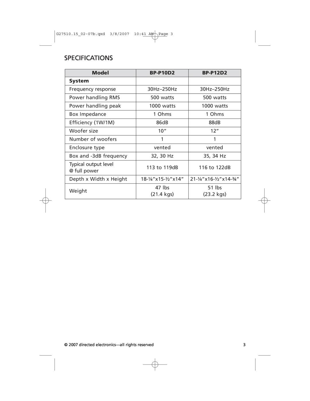 Orion BP-HP12D2, BP-HP10D2 manual Specifications, Model, BP-P10D2, BP-P12D2, System 