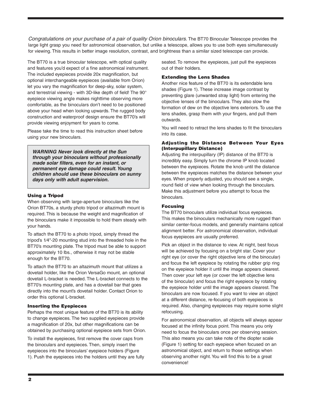 Orion BT70 instruction manual Using a Tripod, Inserting the Eyepieces, Extending the Lens Shades, Focusing 