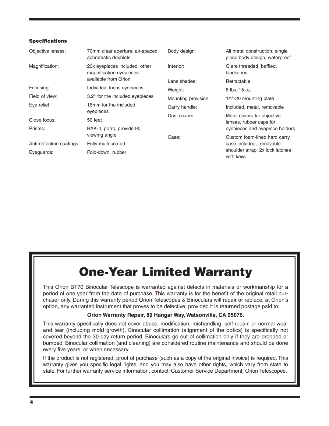 Orion BT70 instruction manual Orion Warranty Repair, 89 Hangar Way, Watsonville, CA, Specifications 