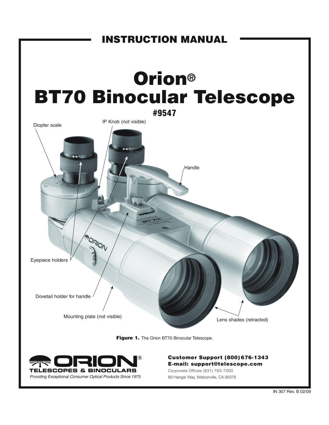 Orion instruction manual Customer Support 800, E-mail support@telescope.com, Orion, BT70 Binocular Telescope, #9547 