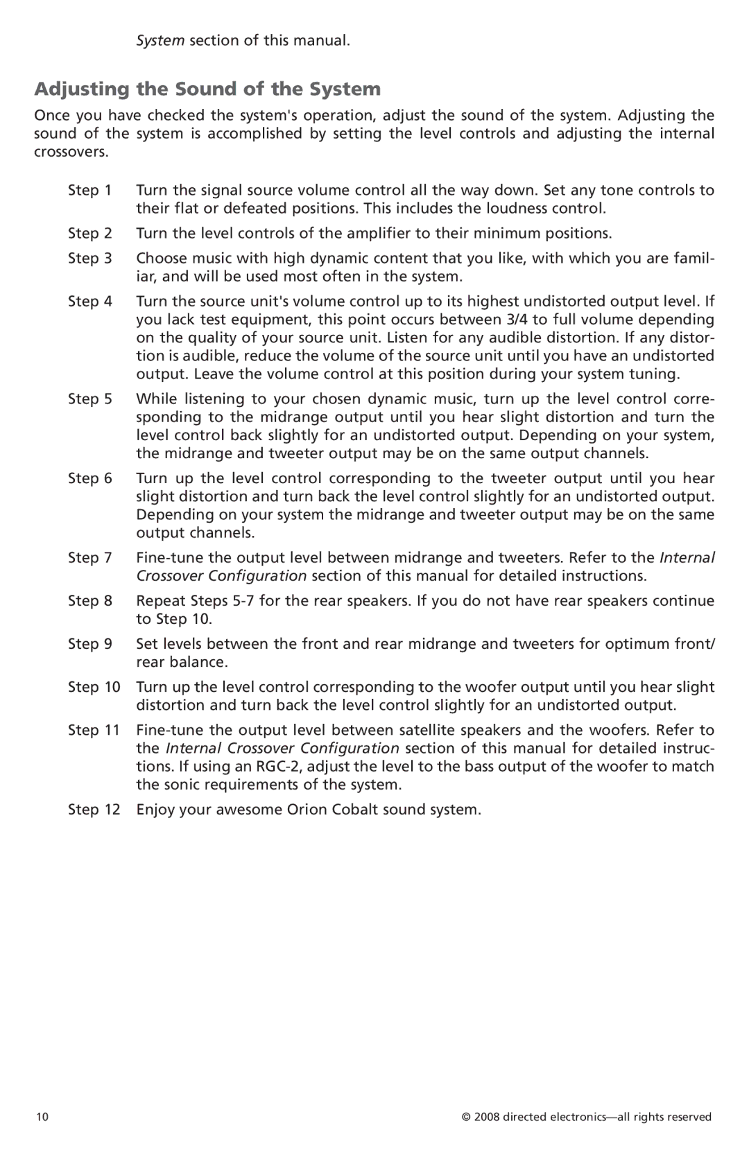 Orion C08001, C05001 owner manual Adjusting the Sound of the System 