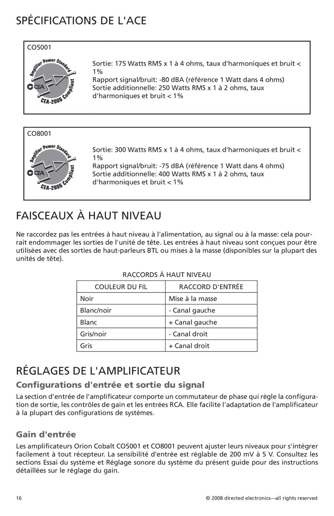 Orion C08001, C05001 owner manual Spécifications DE Lace, Faisceaux À Haut Niveau, Réglages DE Lamplificateur, Gain dentrée 