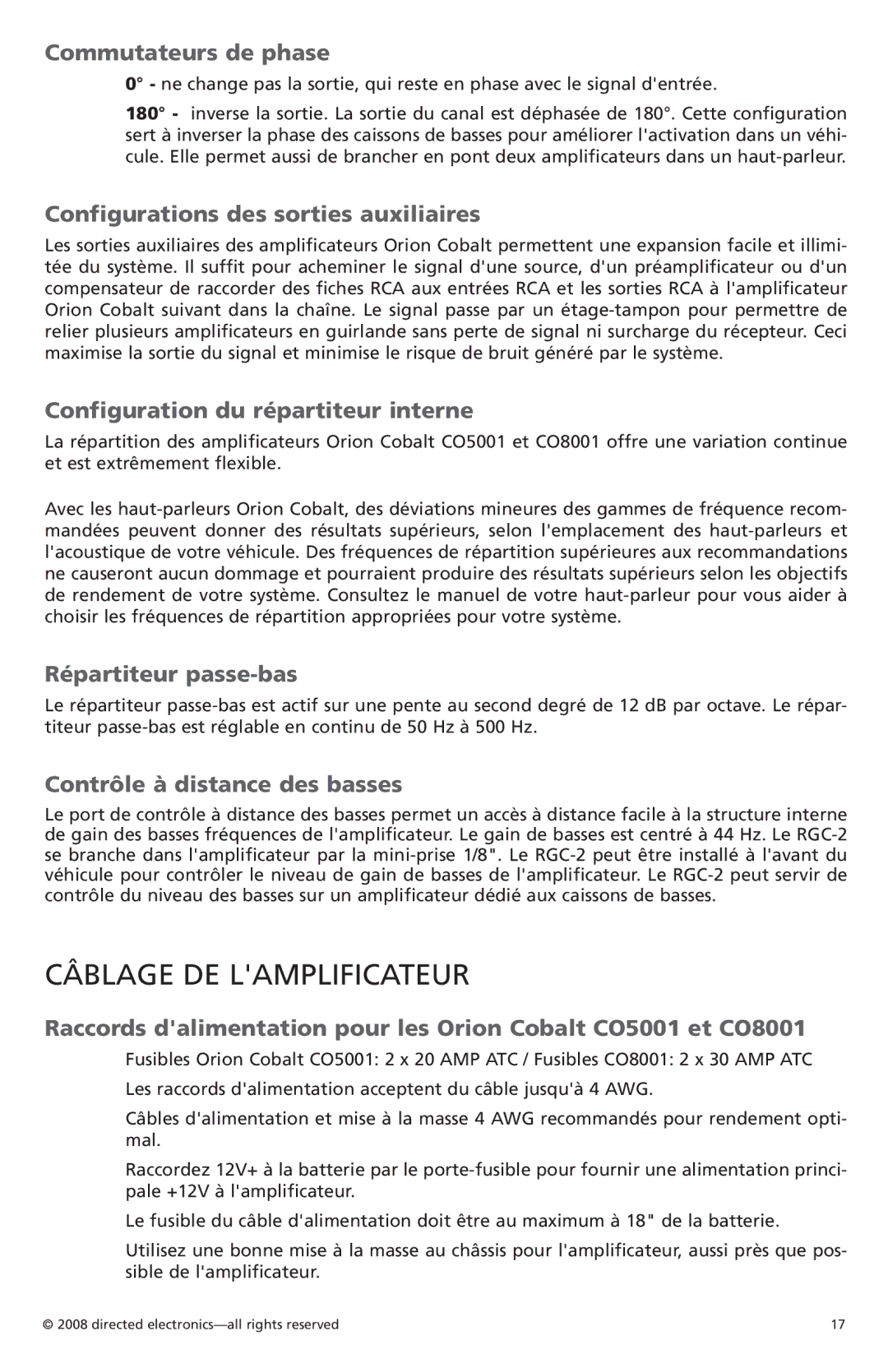 Orion C05001, C08001 owner manual Câblage DE Lamplificateur 