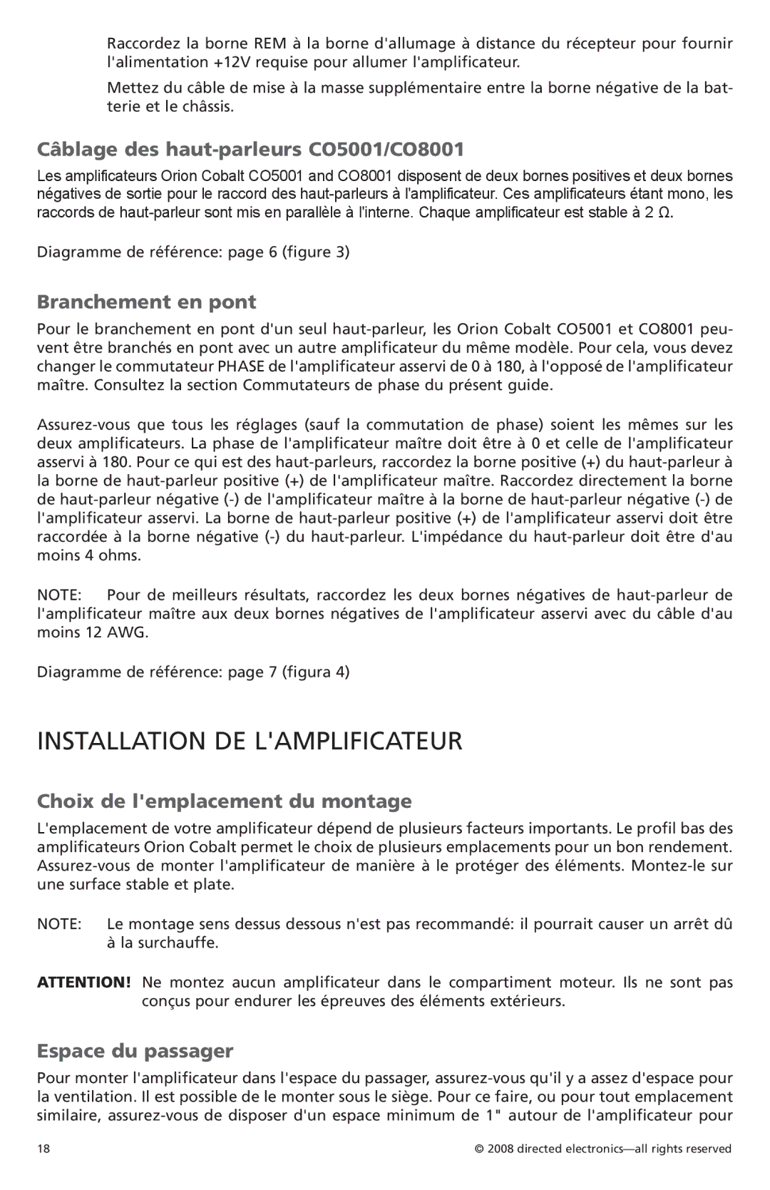 Orion C08001, C05001 Installation DE Lamplificateur, Câblage des haut-parleurs CO5001/CO8001, Branchement en pont 