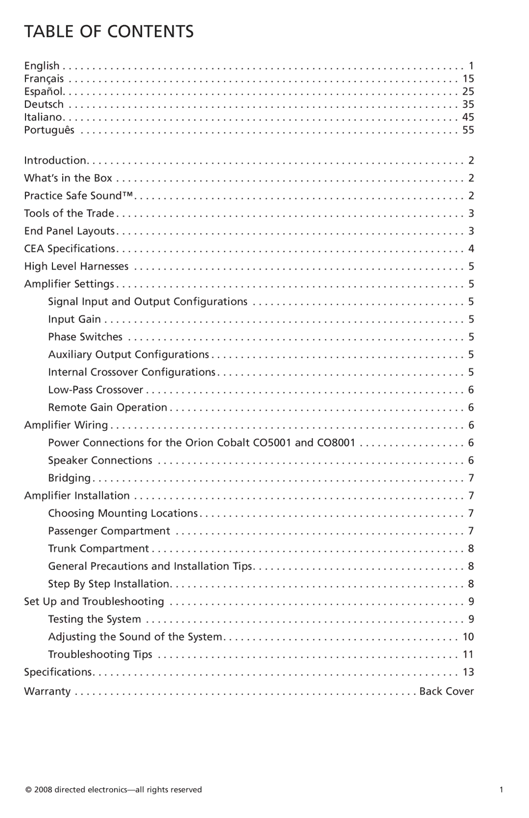 Orion C05001, C08001 owner manual Table of Contents 