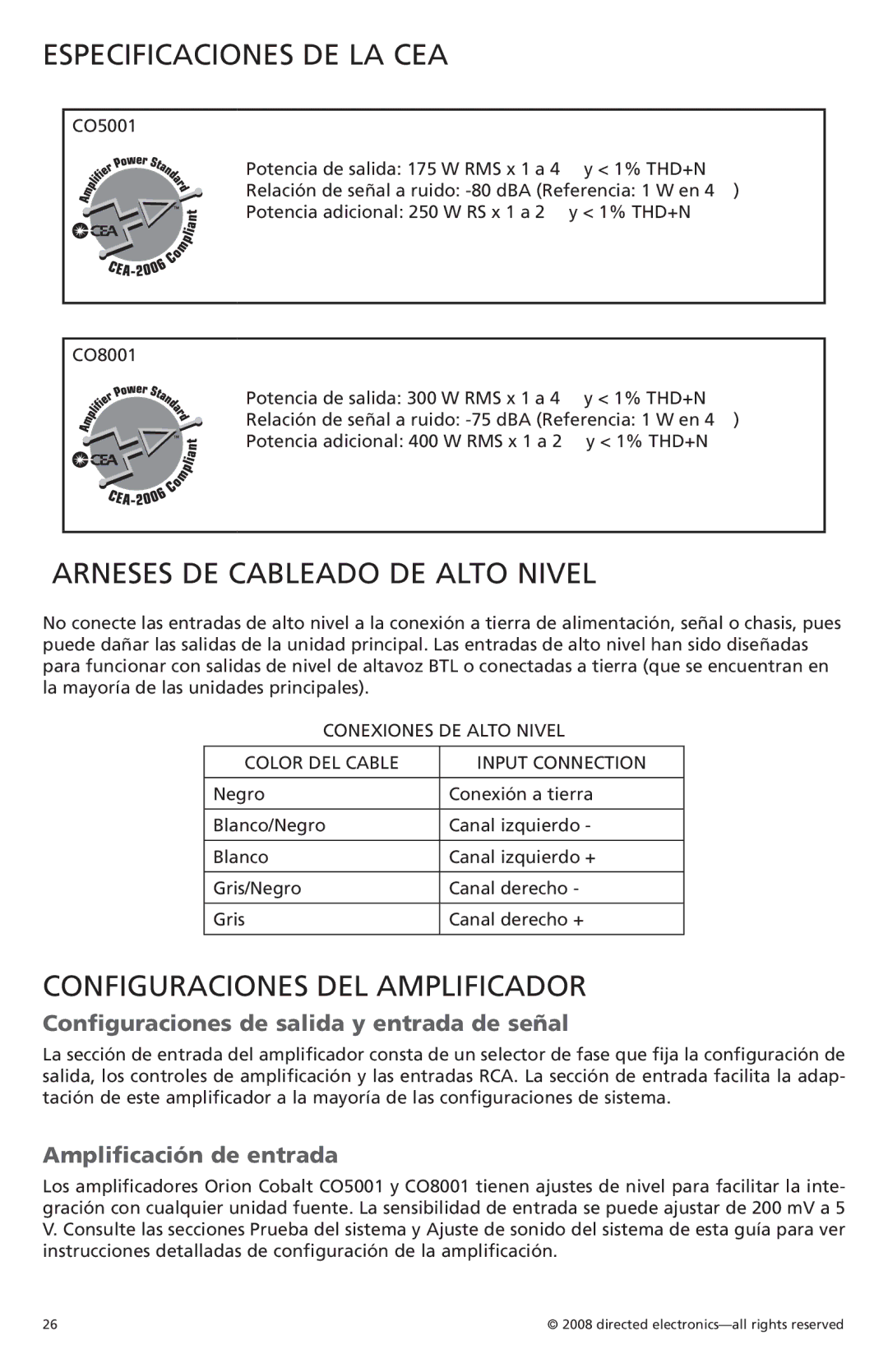 Orion C08001, C05001 Especificaciones DE LA CEA, Arneses DE Cableado DE Alto Nivel, Configuraciones DEL Amplificador 