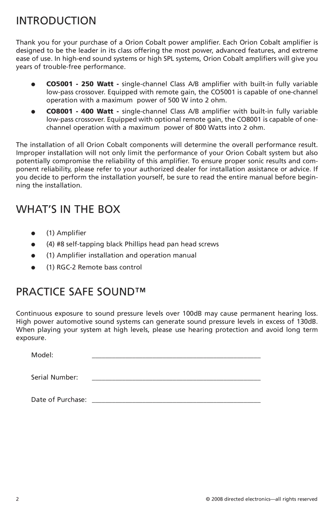 Orion C08001, C05001 owner manual Introduction, WHAT’S in the BOX, Practice Safe Sound 