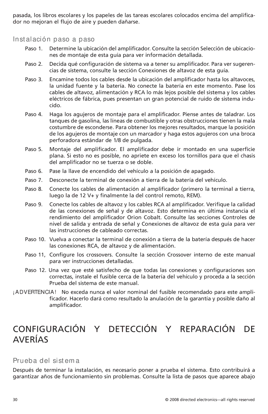 Orion C08001, C05001 Configuración Y Detección Y Reparación DE Averías, Instalación paso a paso, Prueba del sistema 