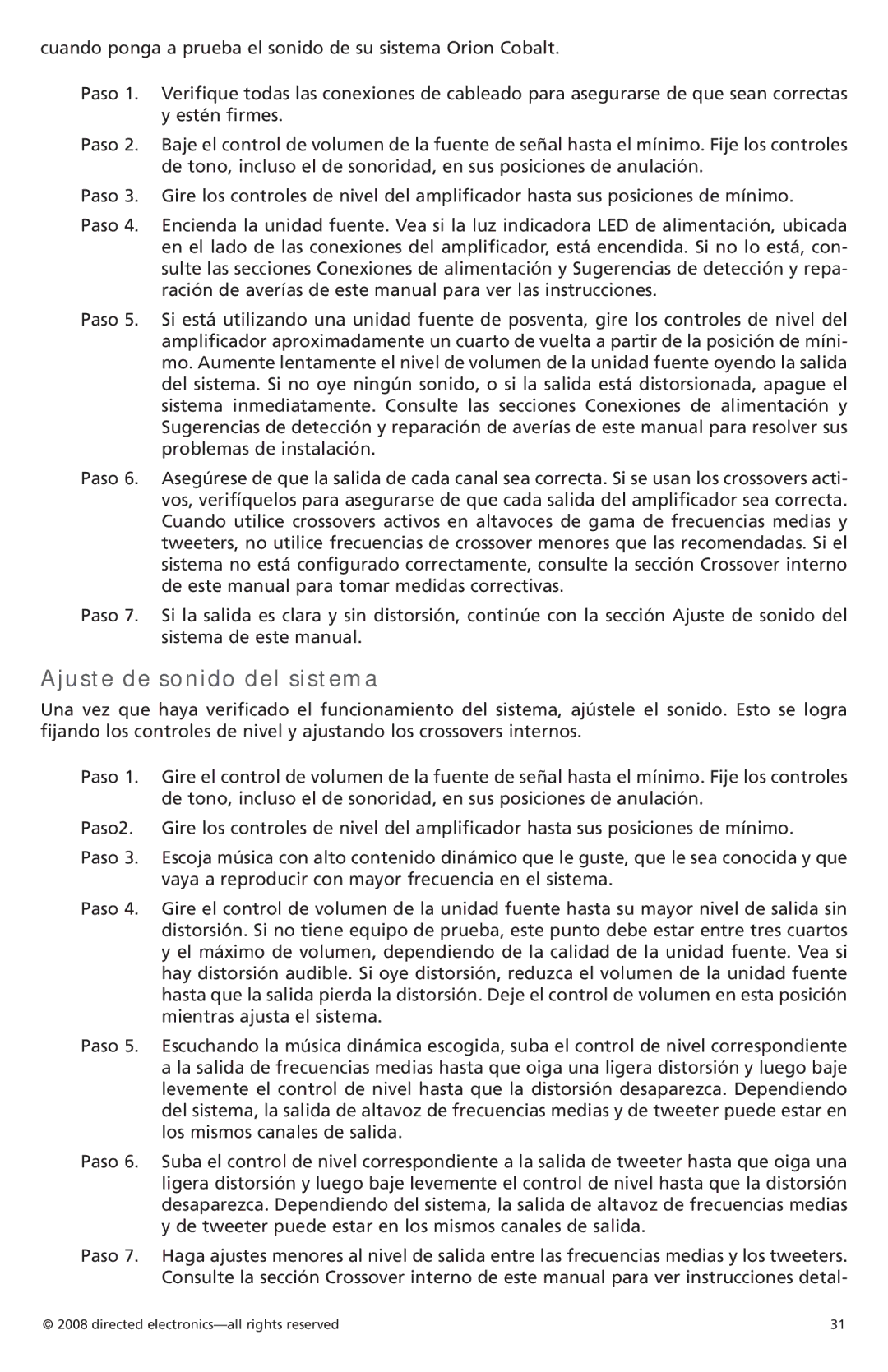 Orion C05001, C08001 owner manual Ajuste de sonido del sistema 