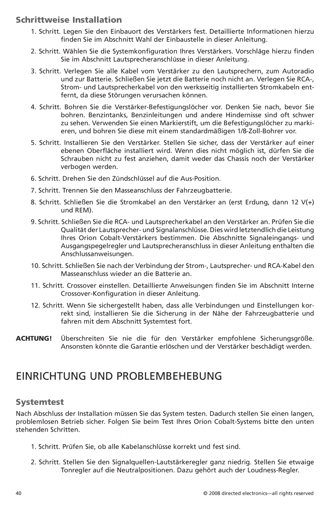 Orion C08001, C05001 owner manual Einrichtung UND Problembehebung, Schrittweise Installation, Systemtest 