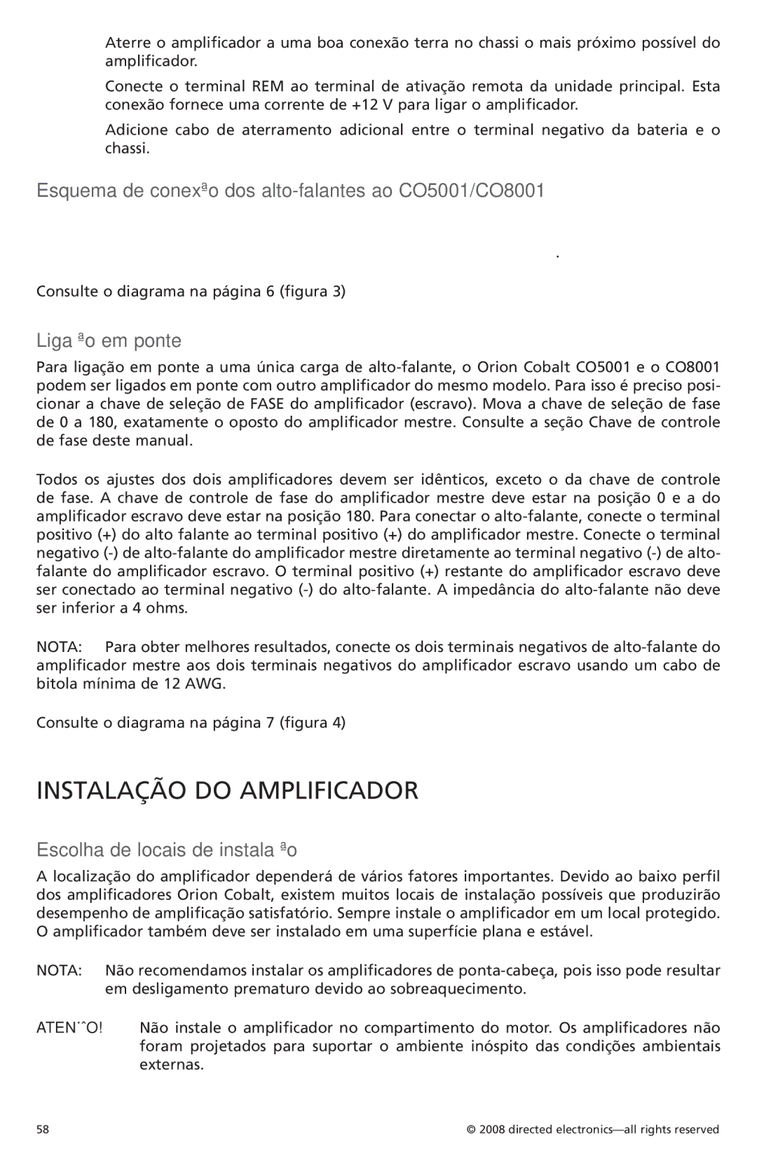 Orion C08001, C05001 Instalação do Amplificador, Esquema de conexão dos alto-falantes ao CO5001/CO8001, Ligação em ponte 