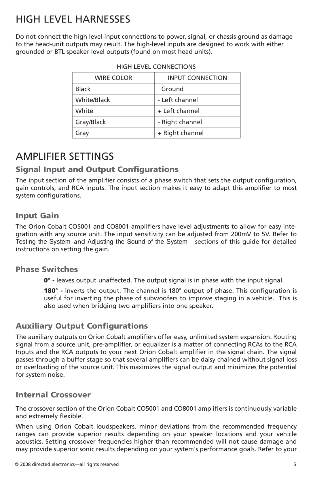 Orion C05001, C08001 owner manual High Level Harnesses, Amplifier Settings 