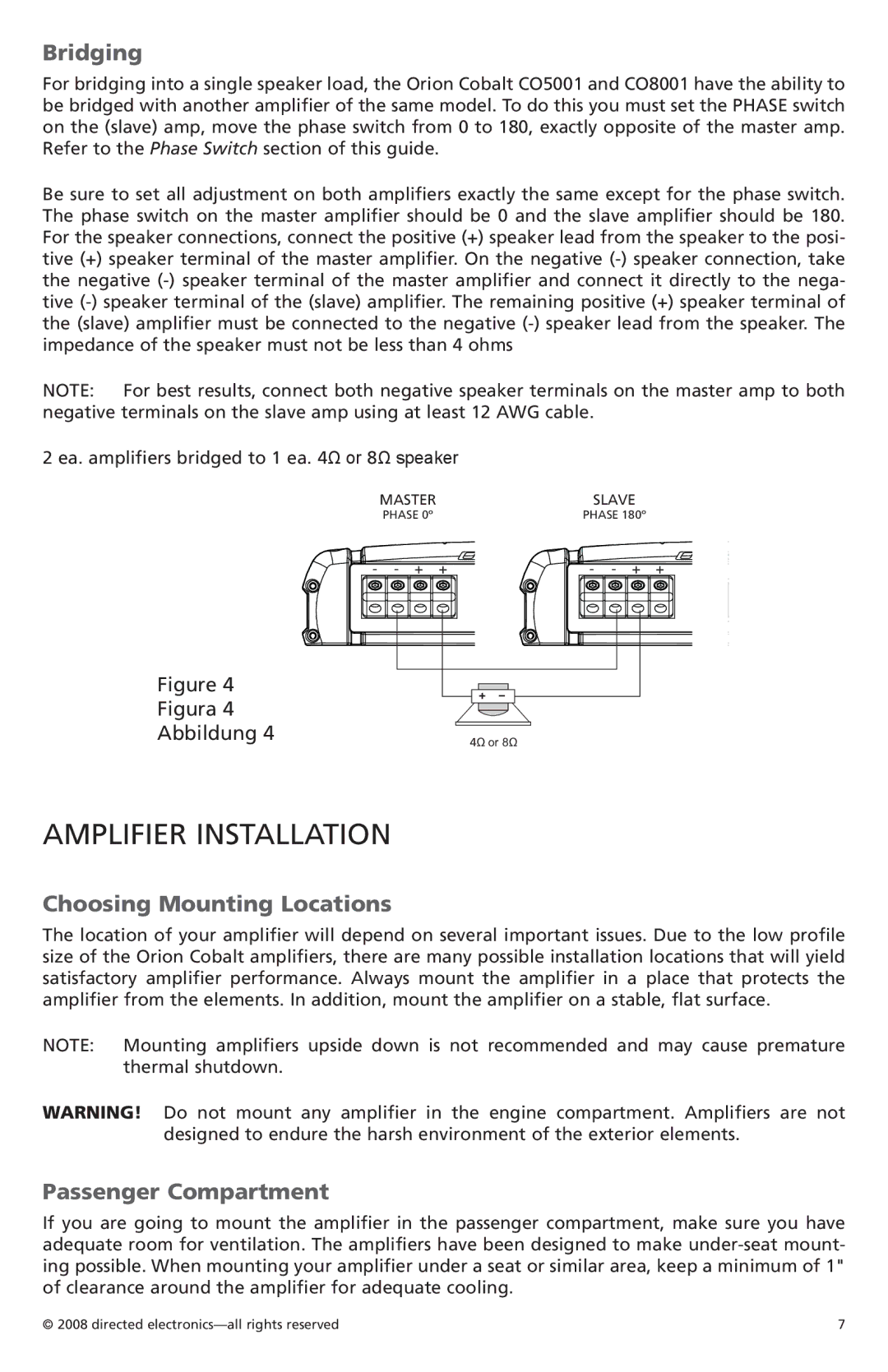 Orion C05001, C08001 owner manual Amplifier Installation, Bridging, Choosing Mounting Locations, Passenger Compartment 