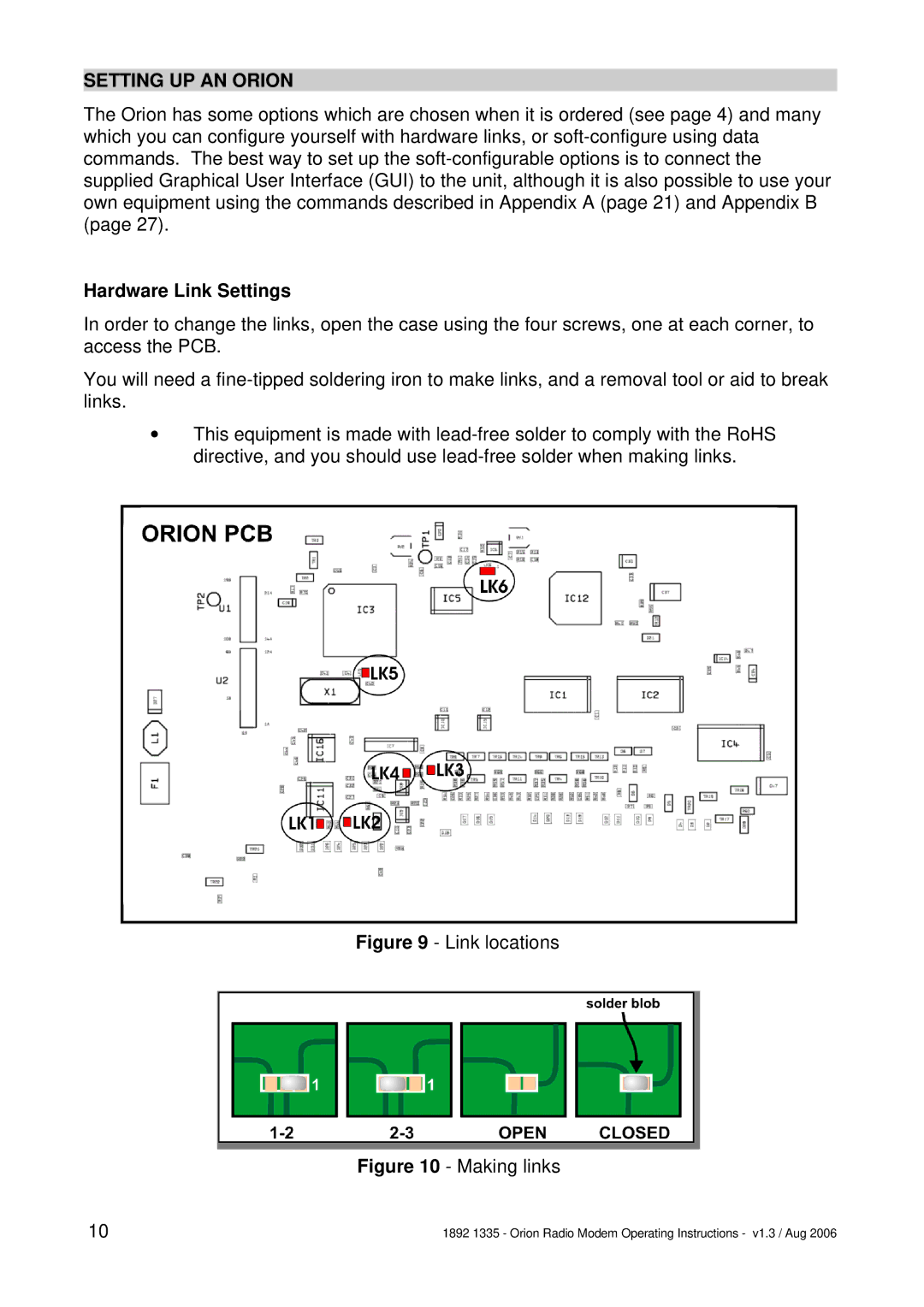 Orion Car Audio 1892 1335 manual Setting UP AN Orion, Hardware Link Settings 