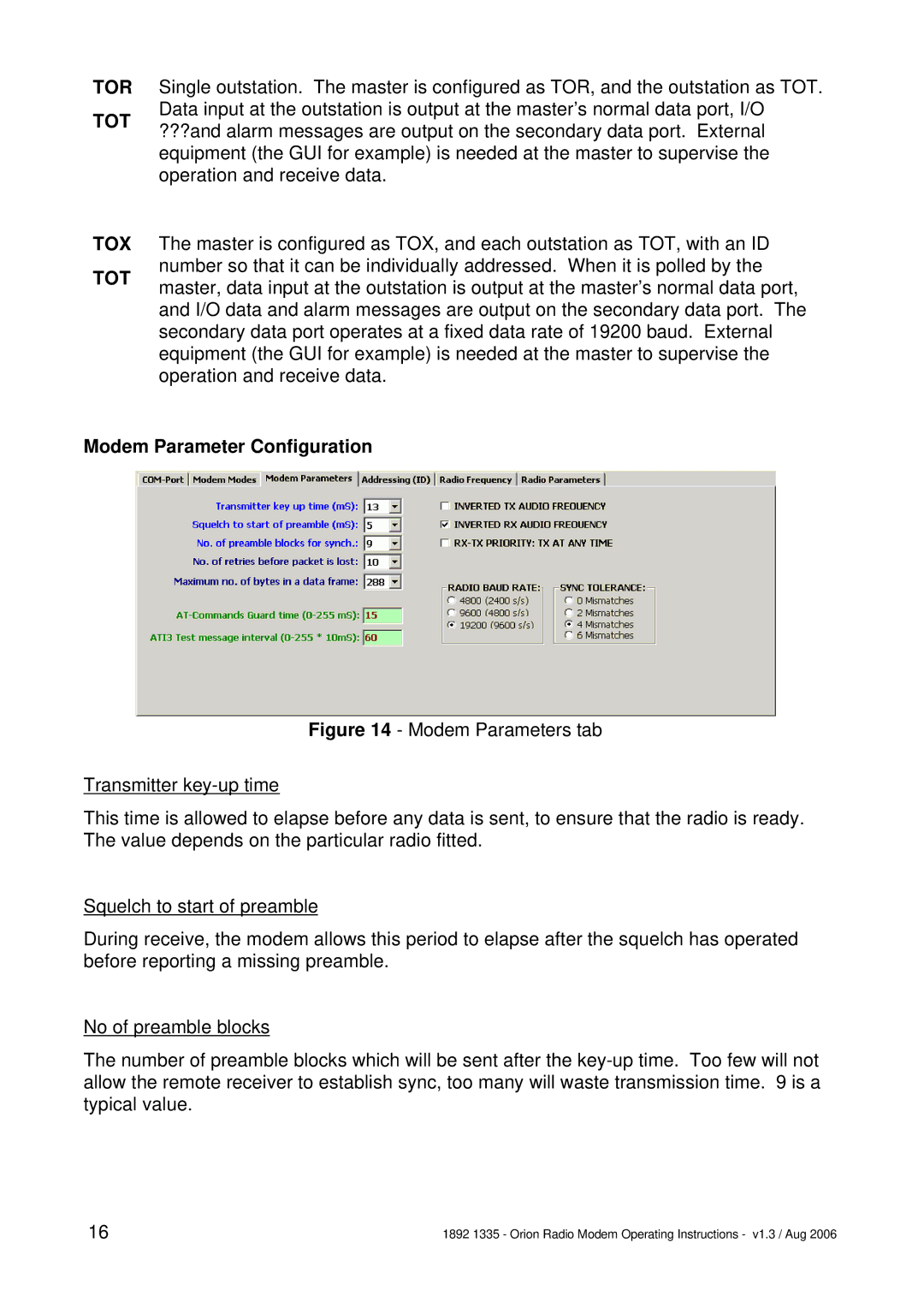 Orion Car Audio 1892 1335 manual Tor Tot Tox Tot, Modem Parameter Configuration 