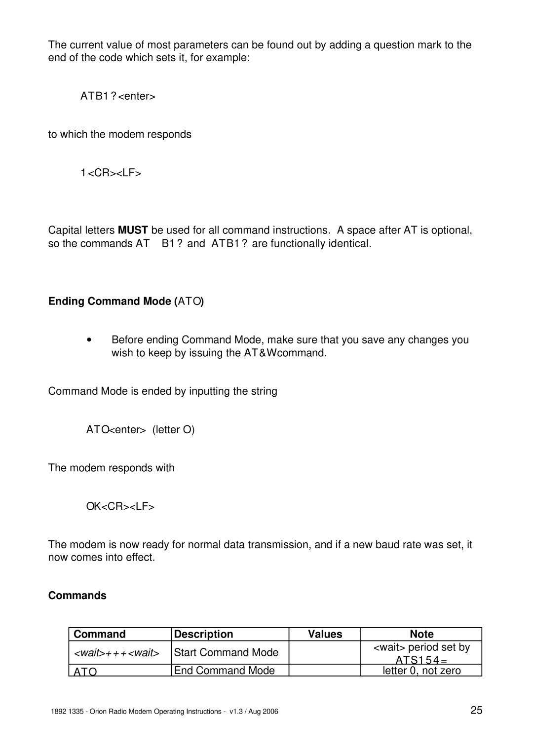 Orion Car Audio 1892 1335 Ending Command Mode ATO, Commands Description Values, Ato, End Command Mode Letter 0, not zero 