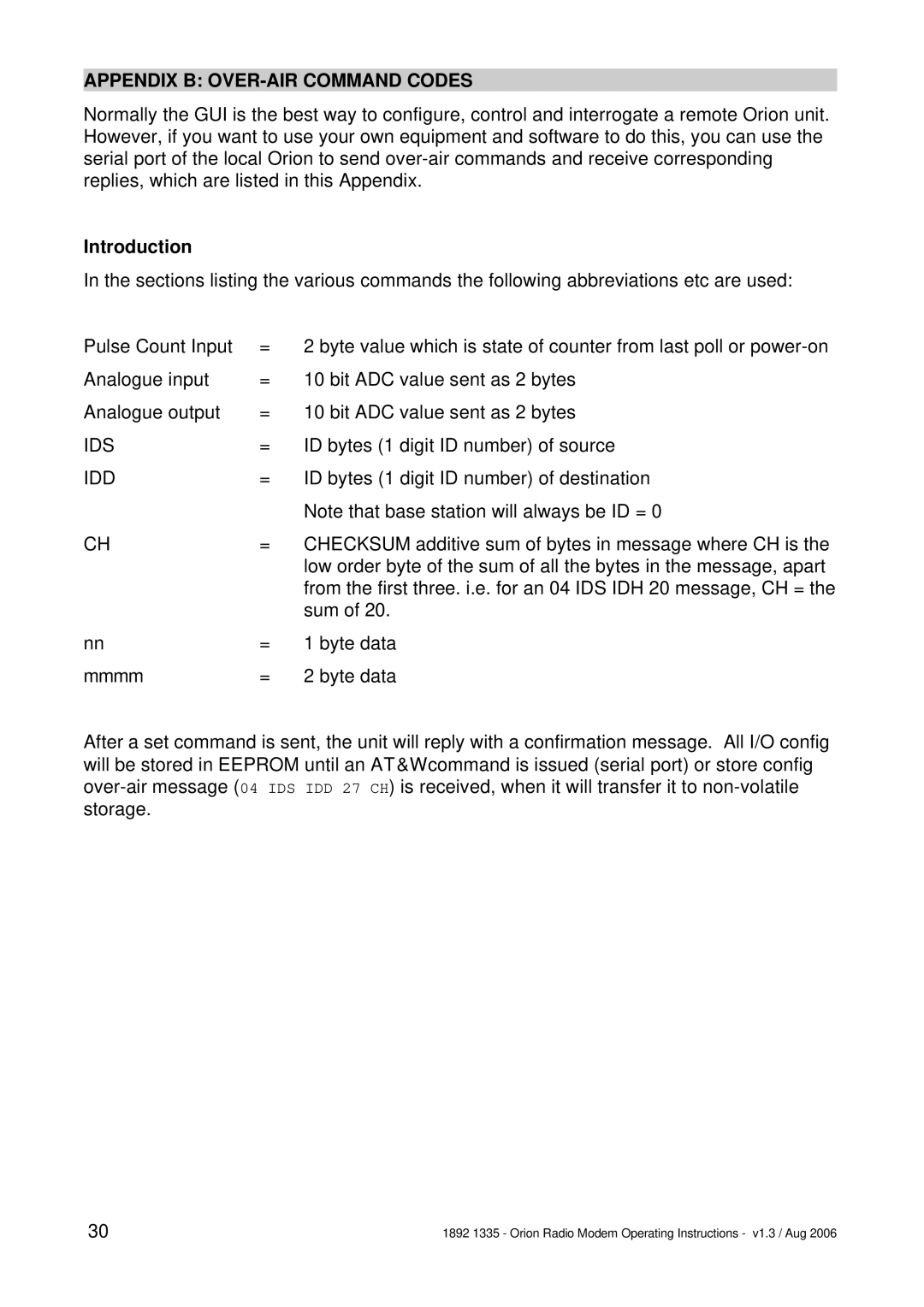 Orion Car Audio 1892 1335 manual Appendix B OVER-AIR Command Codes, Introduction 