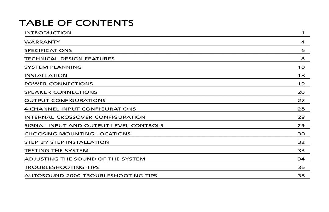 Orion Car Audio 200 owner manual Table of Contents 