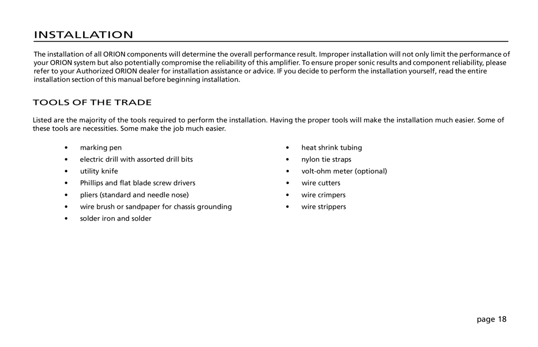 Orion Car Audio 200 owner manual Installation, Tools of the Trade 