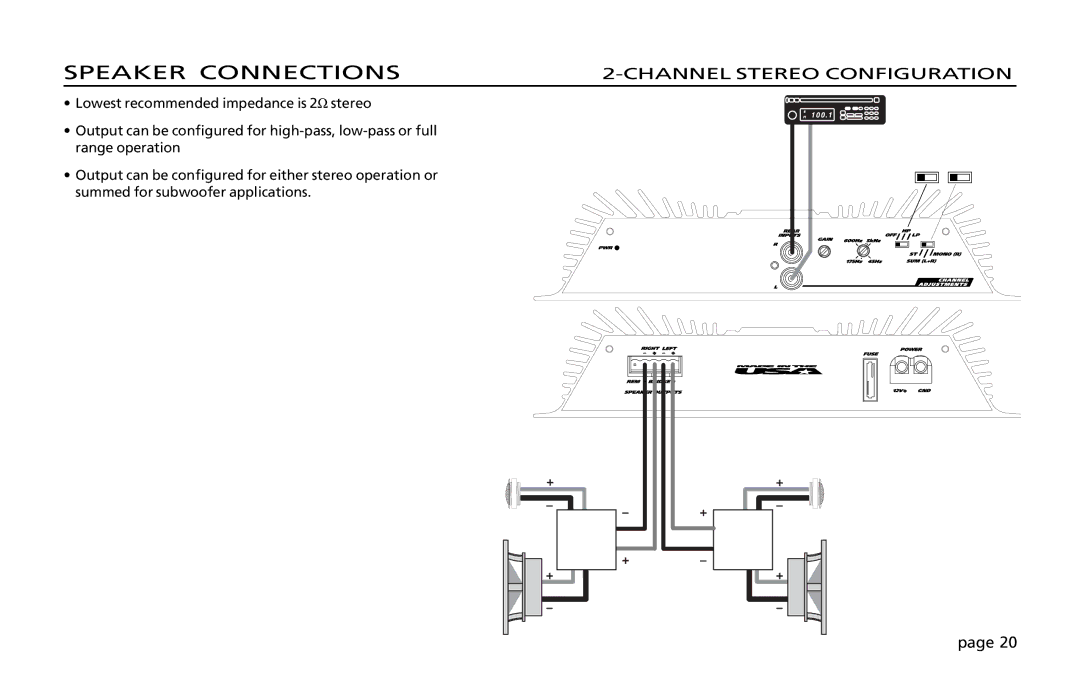 Orion Car Audio 200 owner manual Speaker Connections, Channel Stereo Configuration 