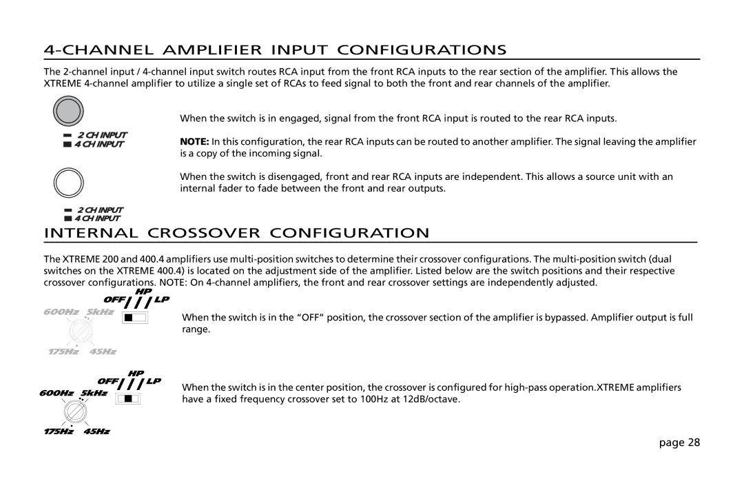 Orion Car Audio 200 owner manual Channel Amplifier Input Configurations, Internal Crossover Configuration 