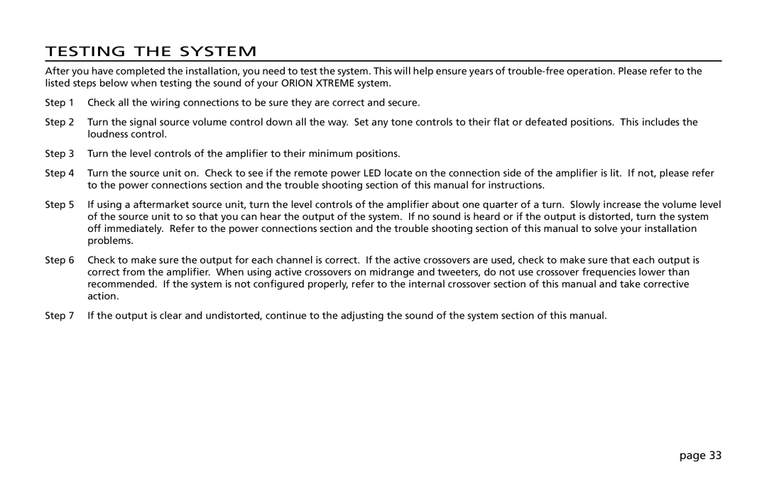 Orion Car Audio 200 owner manual Testing the System 