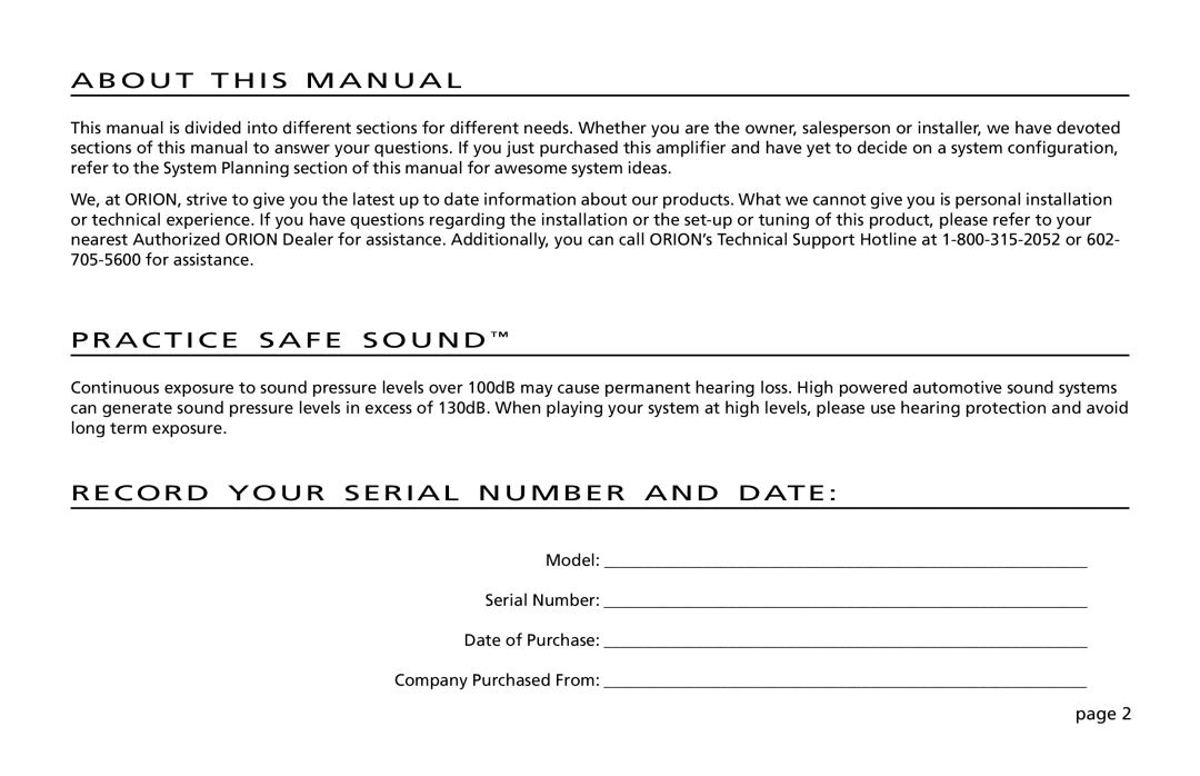 Orion Car Audio 200 owner manual About this Manual, Practice Safe Sound, Record Your Serial Number and Date 