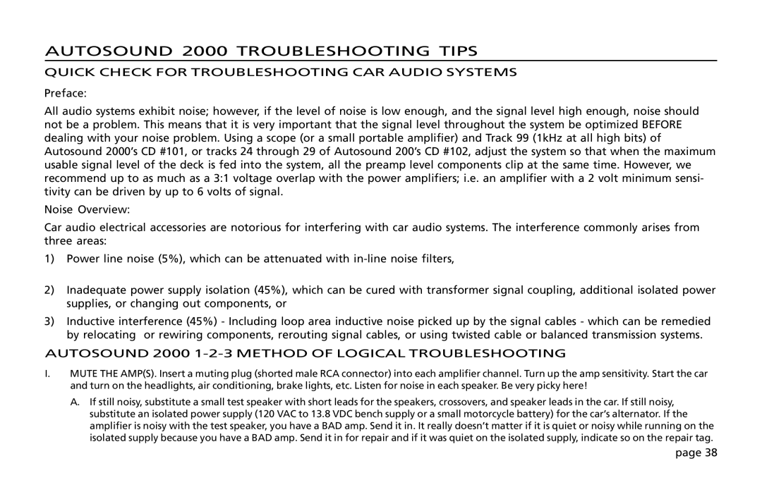 Orion Car Audio owner manual Autosound 2000 Troubleshooting Tips, Quick Check for Troubleshooting CAR Audio Systems 