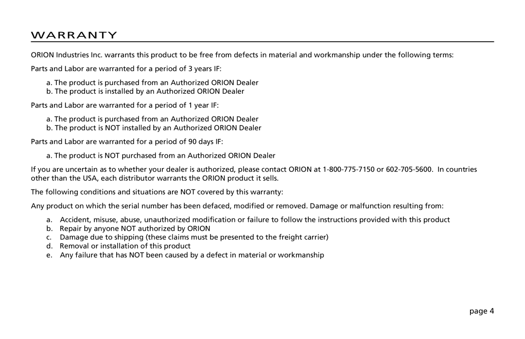 Orion Car Audio 200 owner manual Warranty 