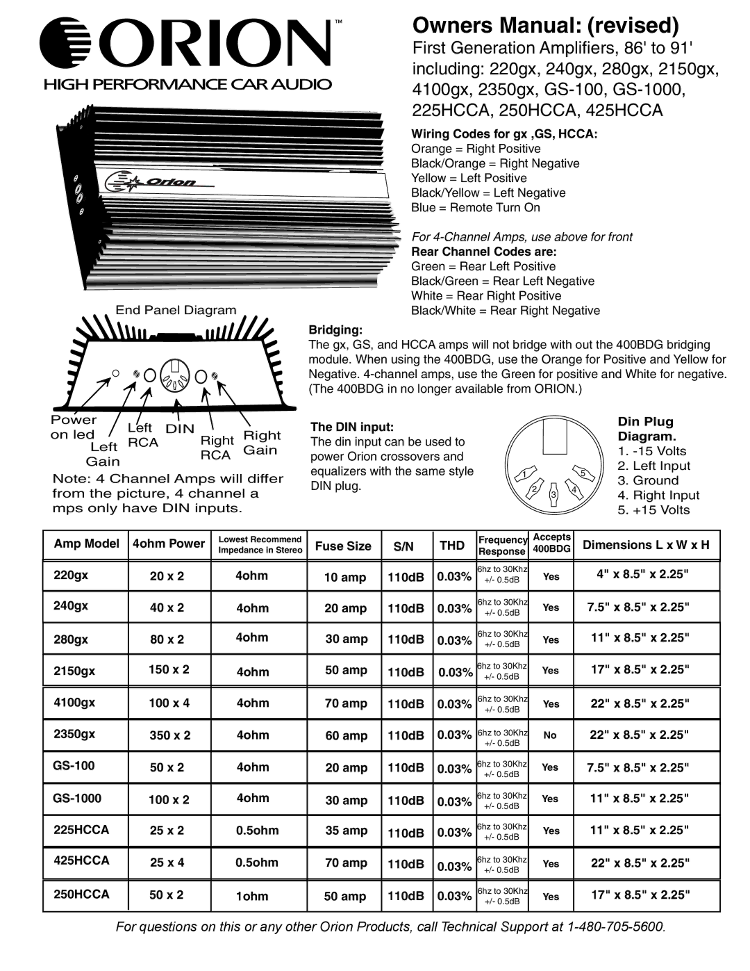 Orion Car Audio 220GX owner manual Thd, 225HCCA, 425HCCA, 250HCCA 