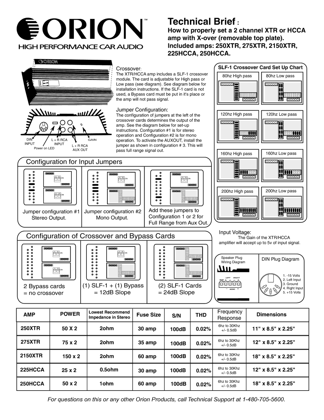 Orion Car Audio 250XTR, 275XTR, 2150XTR dimensions Technical Brief, Configuration for Input Jumpers 