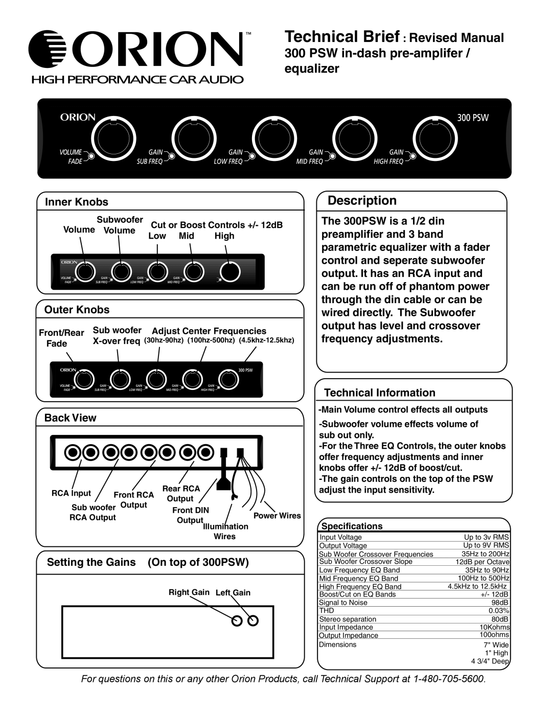 Orion Car Audio 300 PSW specifications Technical Brief Revised Manual, PSW in-dash pre-amplifer / equalizer, Description 