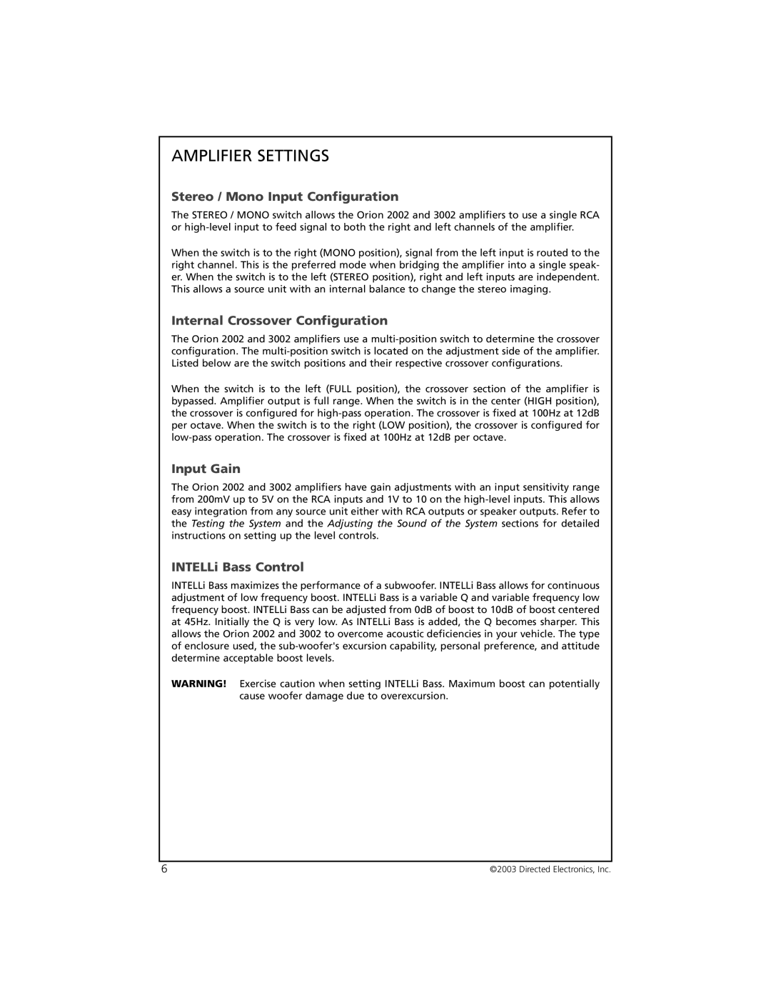 Orion Car Audio 2002 Amplifier Settings, Stereo / Mono Input Configuration, Internal Crossover Configuration, Input Gain 