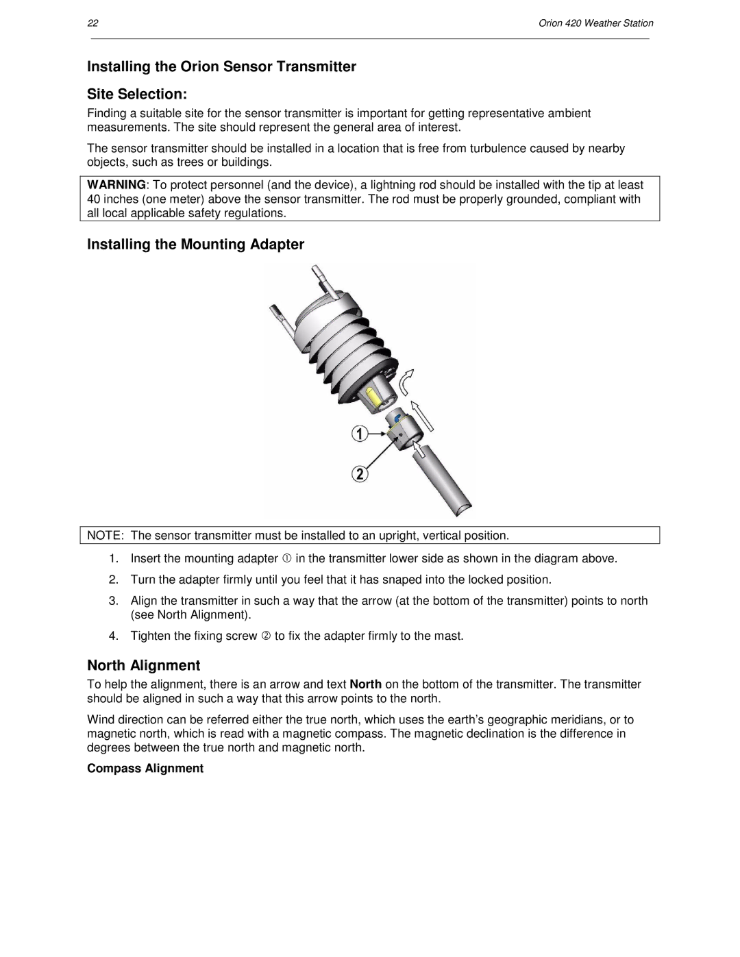 Orion Car Audio 420 user manual Installing the Orion Sensor Transmitter Site Selection, Installing the Mounting Adapter 