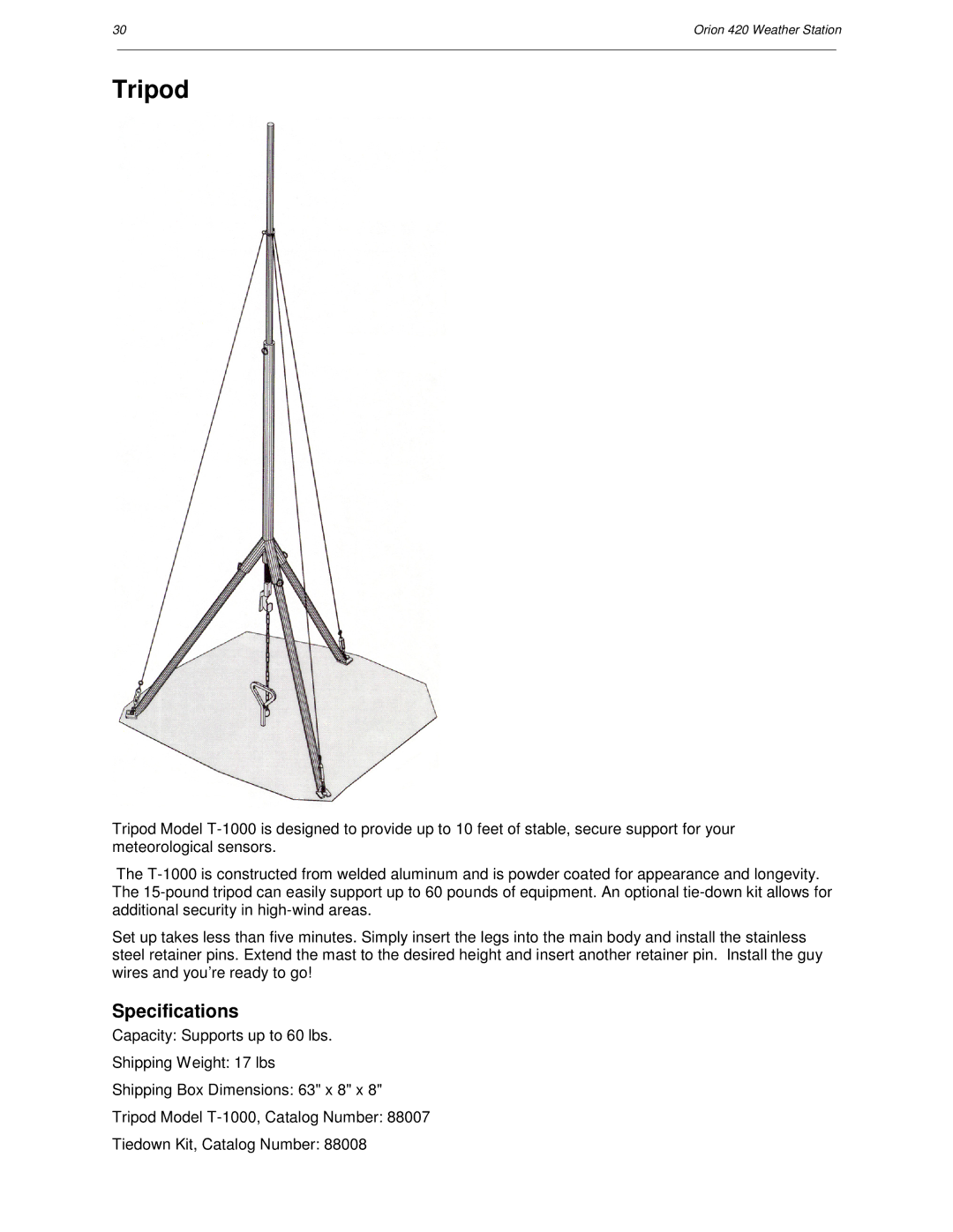 Orion Car Audio 420 user manual Tripod, Specifications 