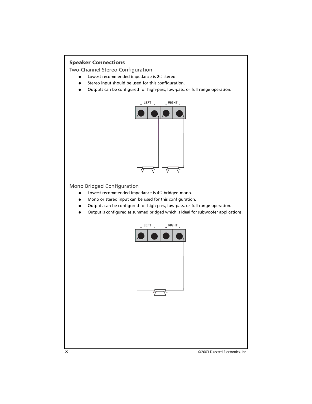 Orion Car Audio 4002, 6002 manual Speaker Connections, Two-Channel Stereo Configuration 