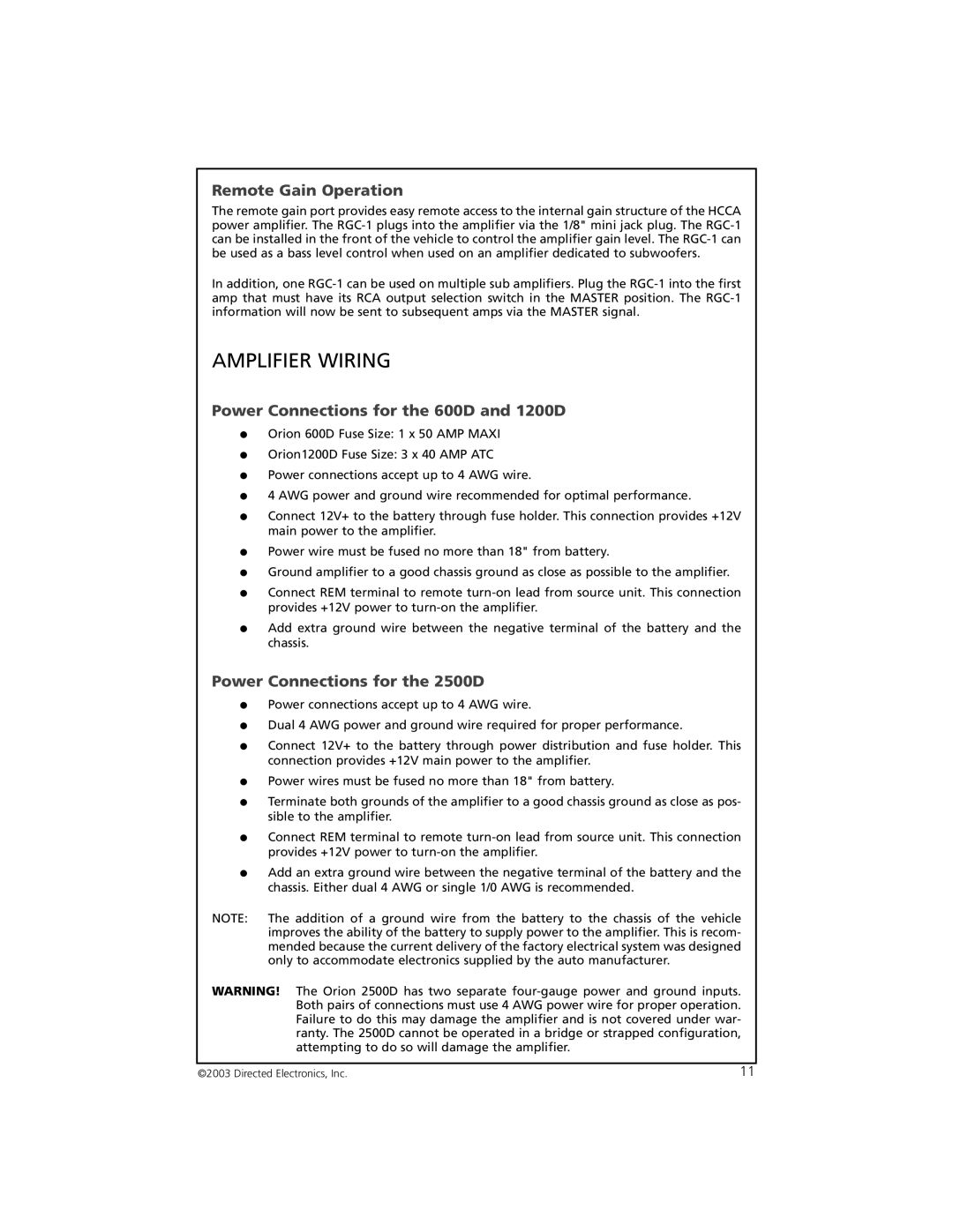 Orion Car Audio 2500D manual Amplifier Wiring, Remote Gain Operation, Power Connections for the 600D and 1200D 